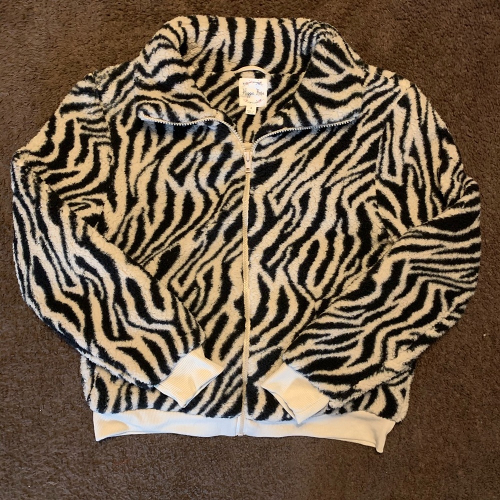 Zebra print Black and Tan zip up teddy coat